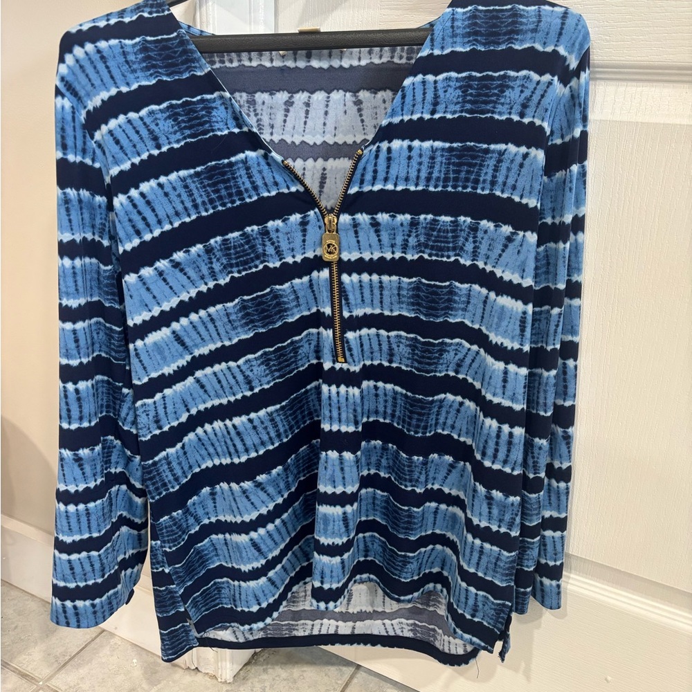Michael Kors Navy and White Patterned Zip-Up Top